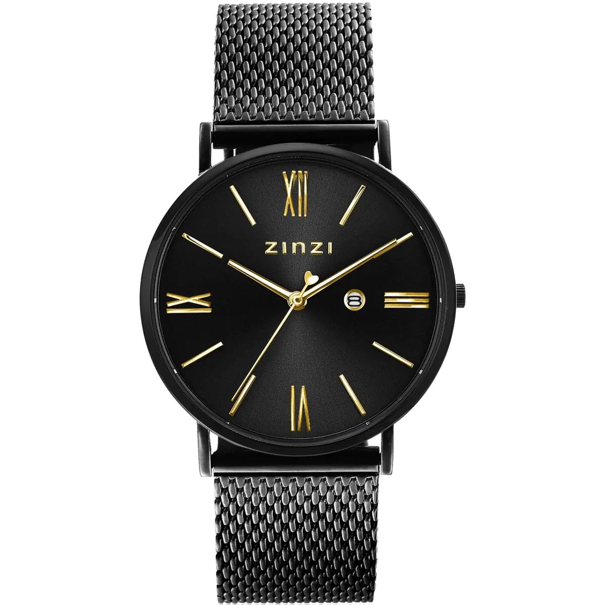 Orologio nero in acciaio con quadrante nero e dettagli dorati, cinturino a maglia rolò.