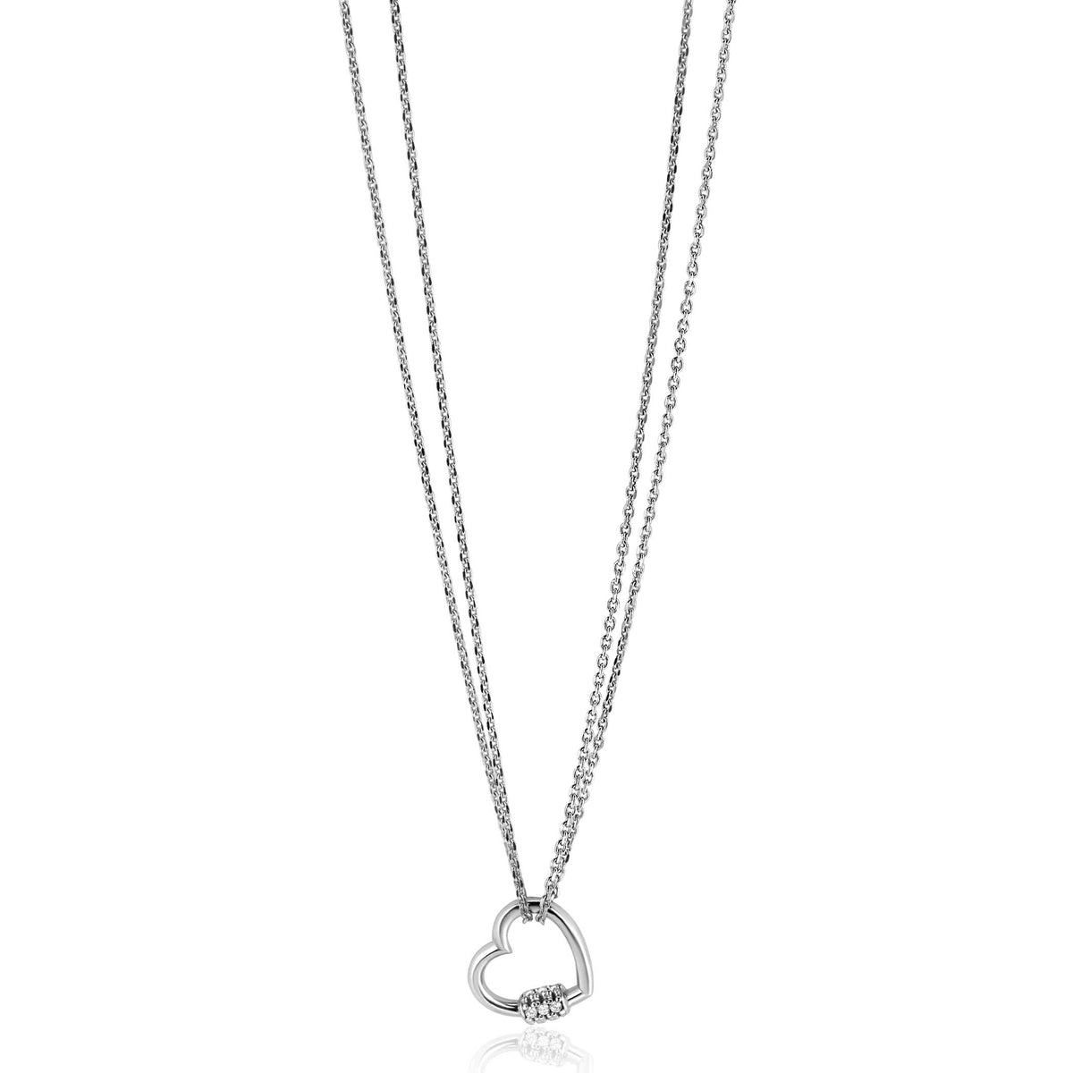 Collana in argento con pendente a forma di cuore e dettagli brillanti.