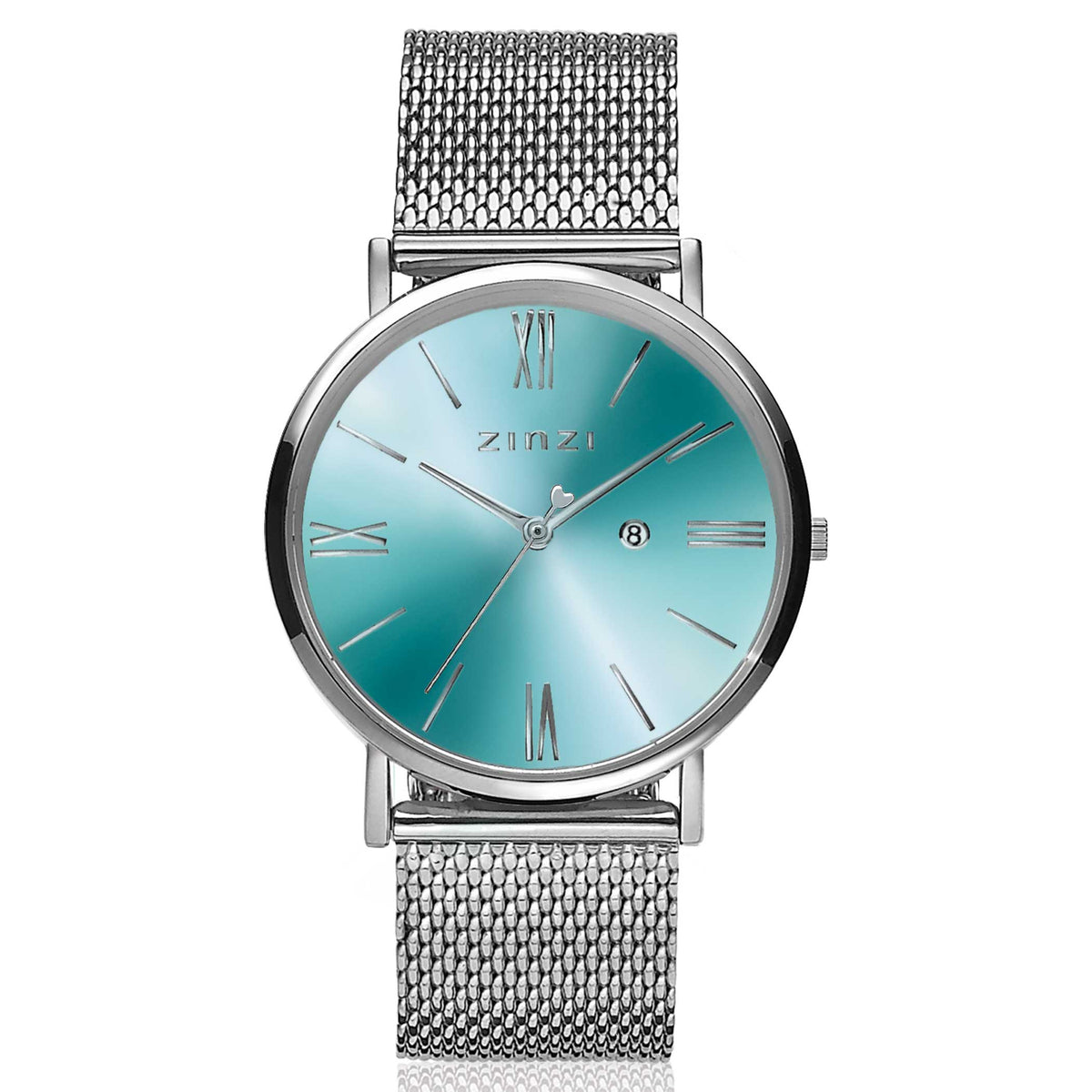Orologio in acciaio color argento con quadrante azzurro e cinturino a maglia rolò.