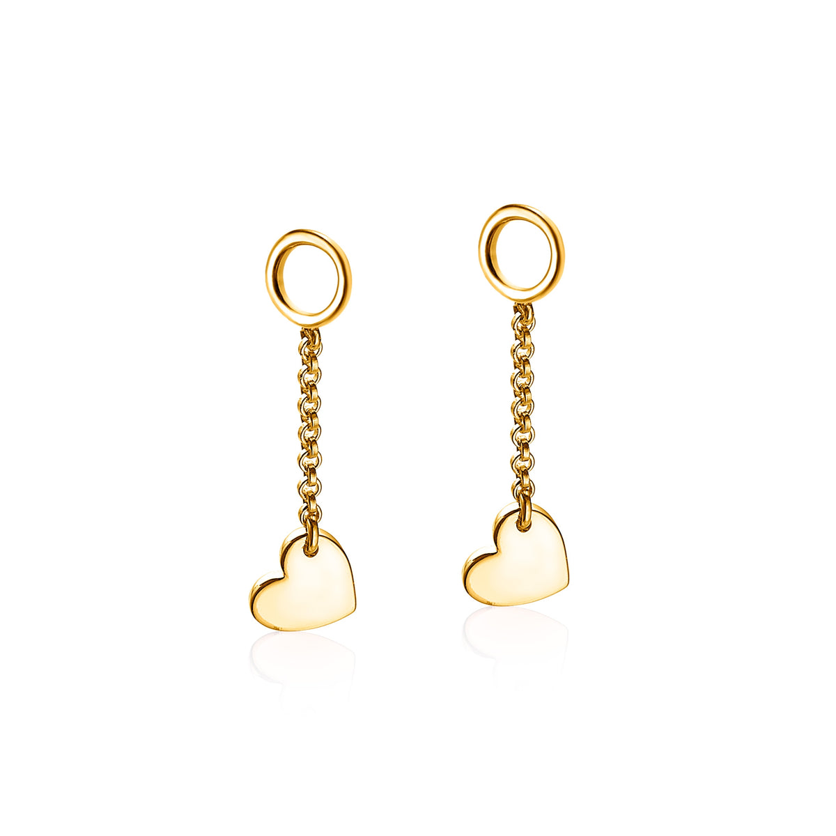 Orecchini pendenti in oro con cuori, catena fine e dettagli lucidi.