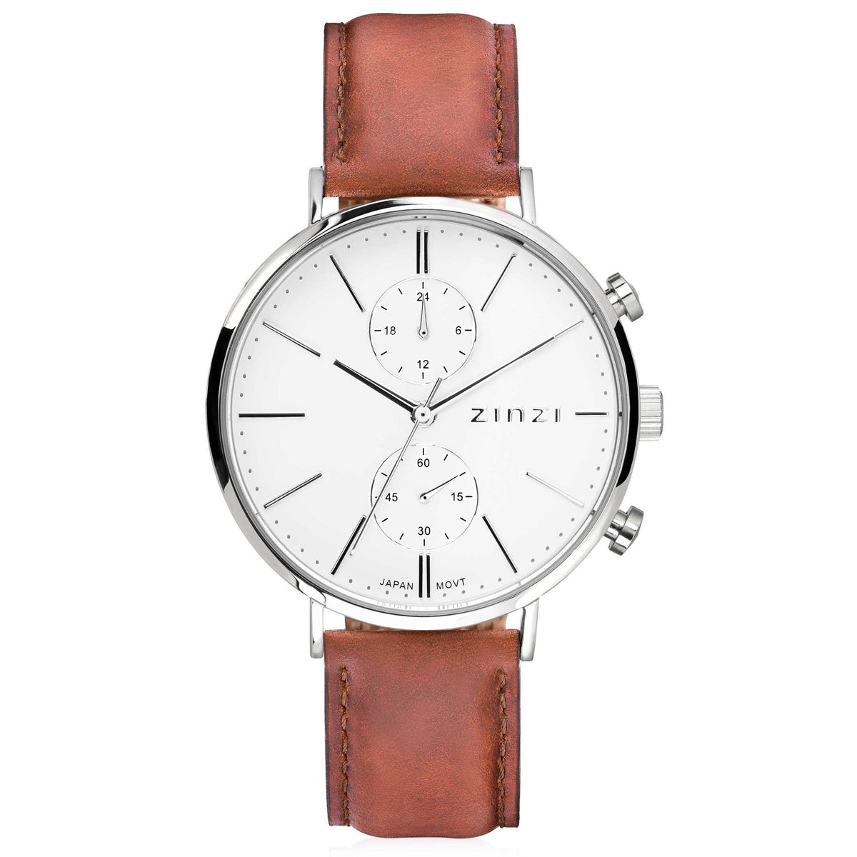 Orologio Zinzi in acciaio argentato con quadrante bianco e cinturino in pelle marrone.