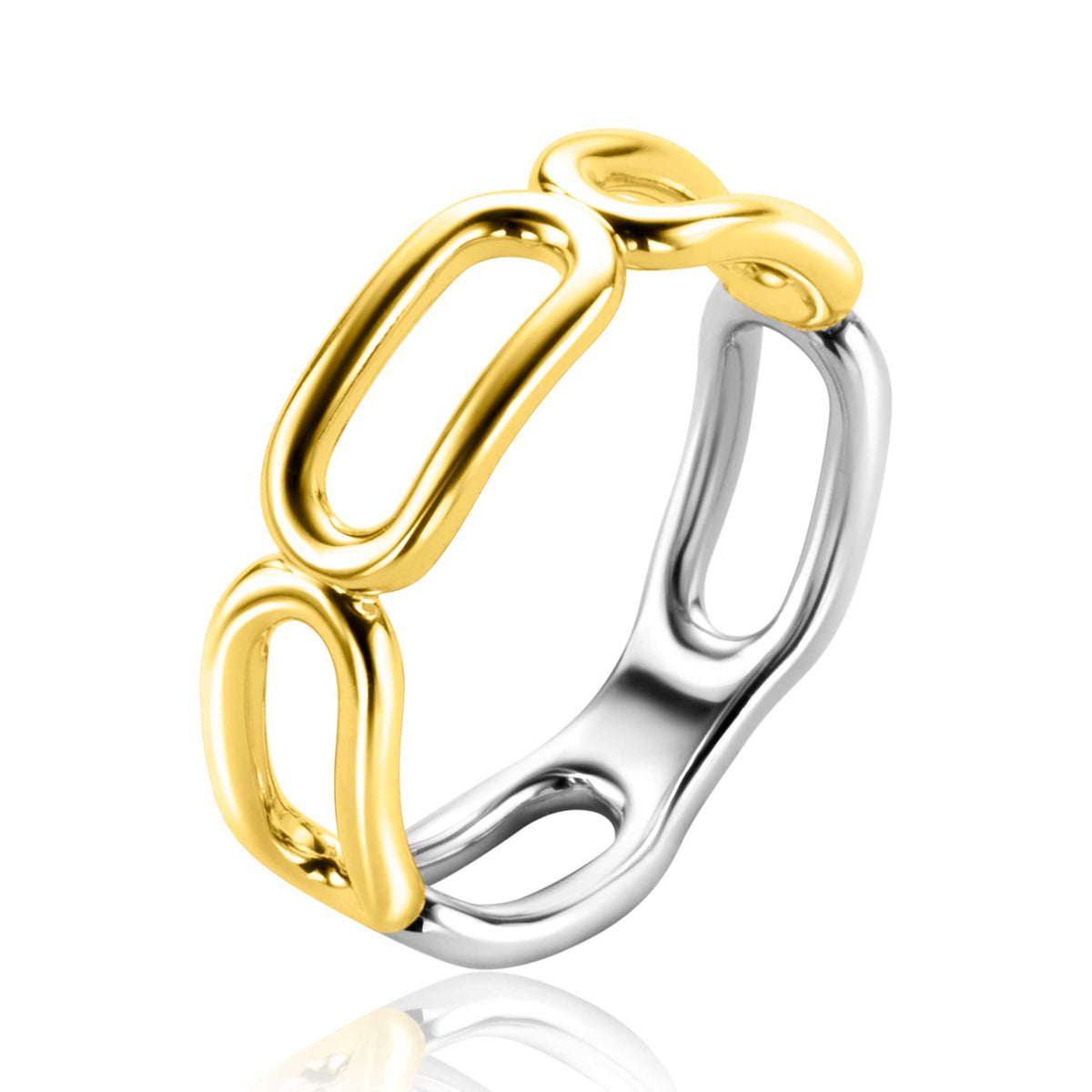 Anello placcato oro con dettagli argentati e forma ovale.