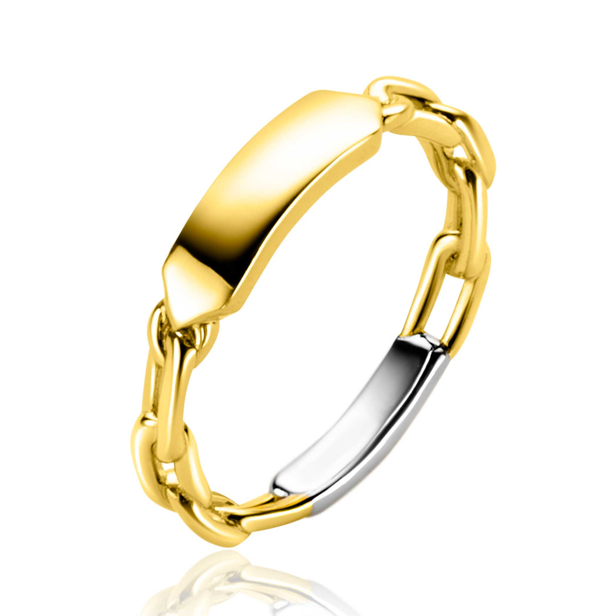 Anello placcato oro con maglia rolò e dettagli argentati.