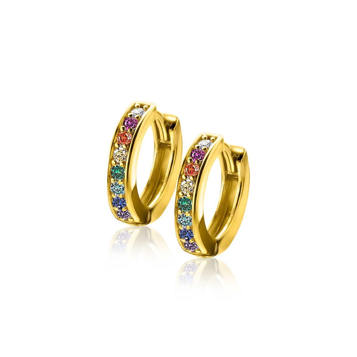 Orecchini alla creola placcati oro con zirconi colorati.