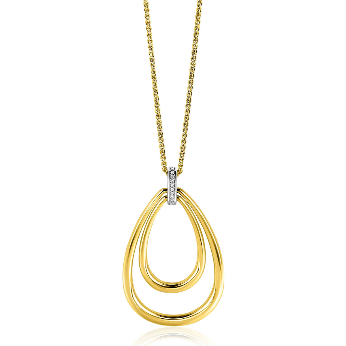 Collana placcata oro con pendente a goccia doppia e dettagli in zirconia.