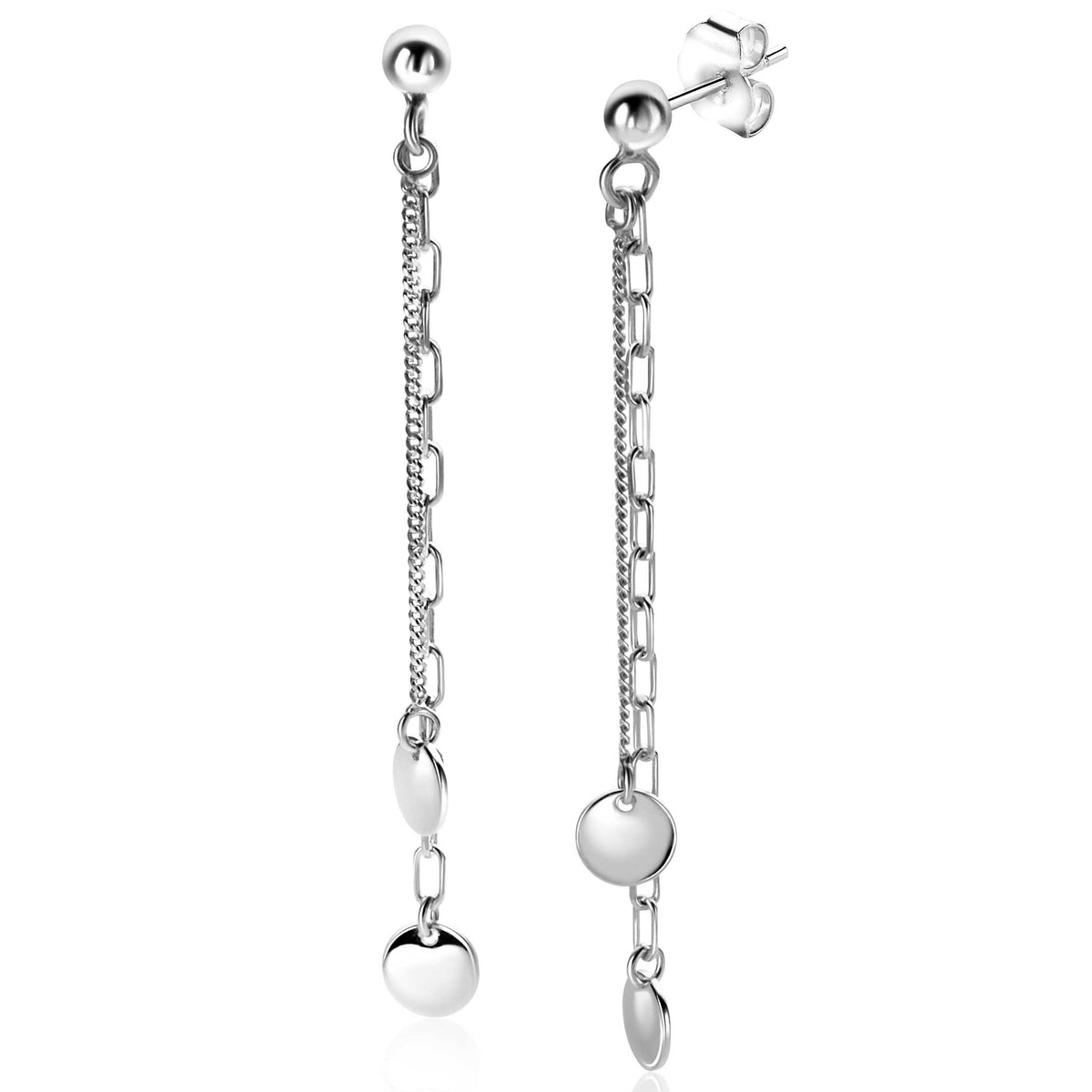 Orecchini pendenti in argento con catena e dischi lucidi.