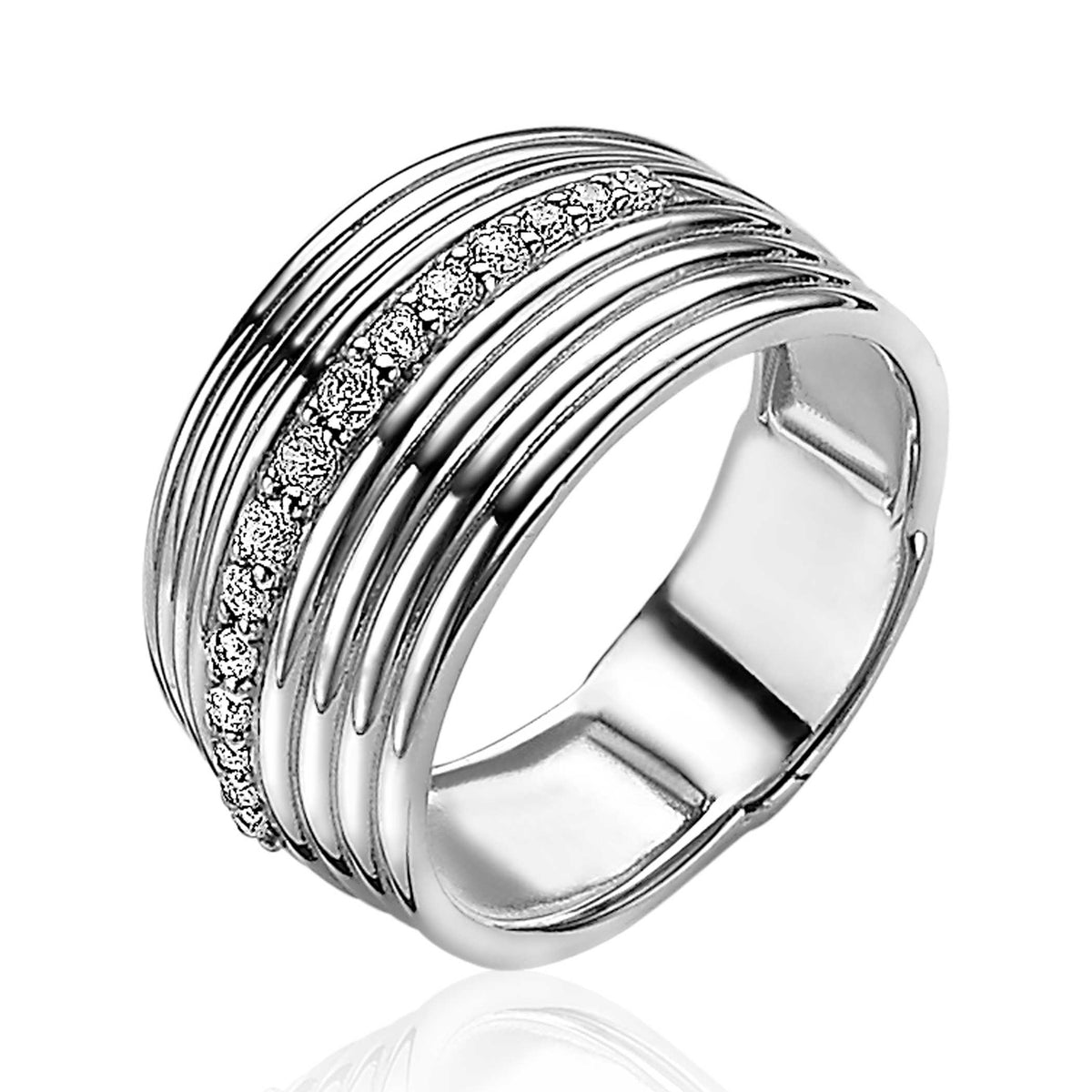 Anello in argento con strisce ondulate e dettagli di zirconi.