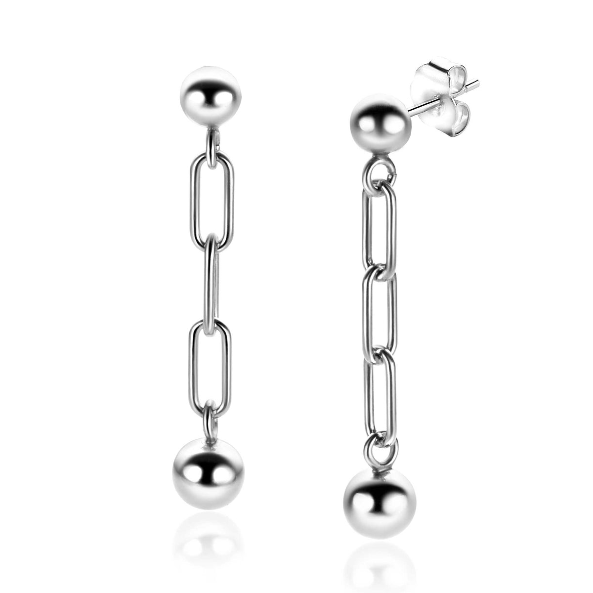 Orecchini in argento con catena e sfere, design lungo e moderno.
