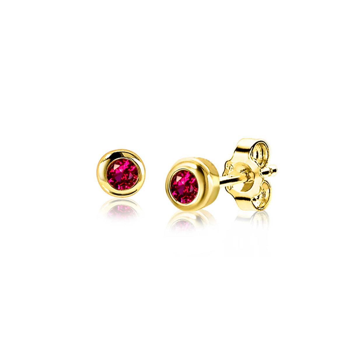 Orecchini in oro con pietra rossa, forma rotonda e finitura lucida.