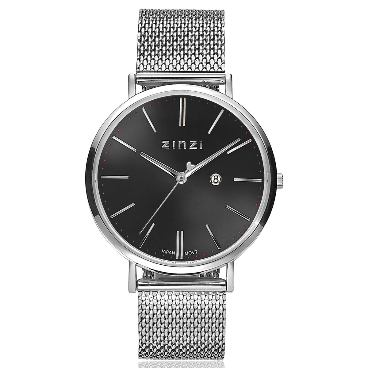 Orologio in acciaio color argento con quadrante nero e cinturino a maglia rolò.