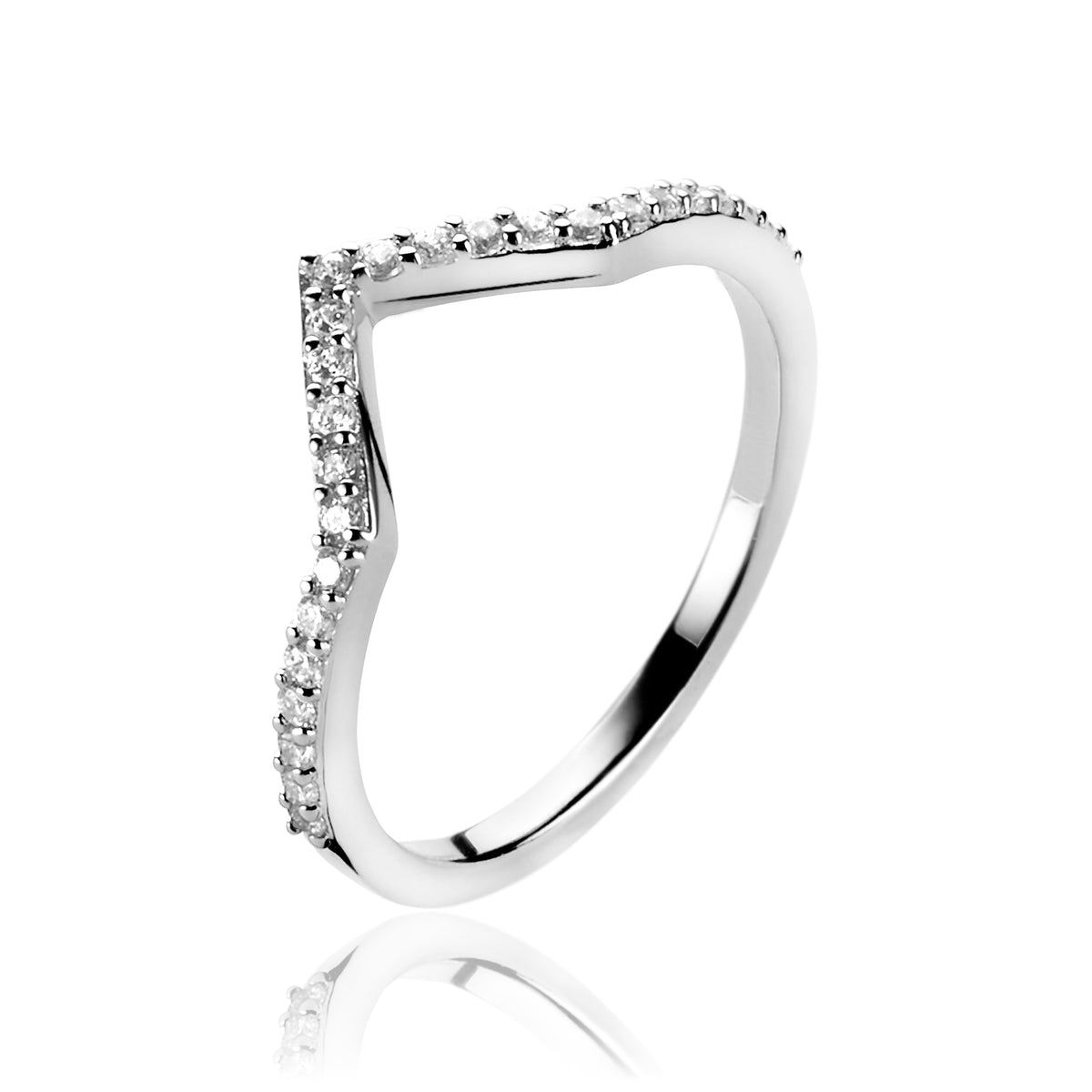 Anello in argento con zirconi, dalla forma ondulata e dettagli scintillanti.