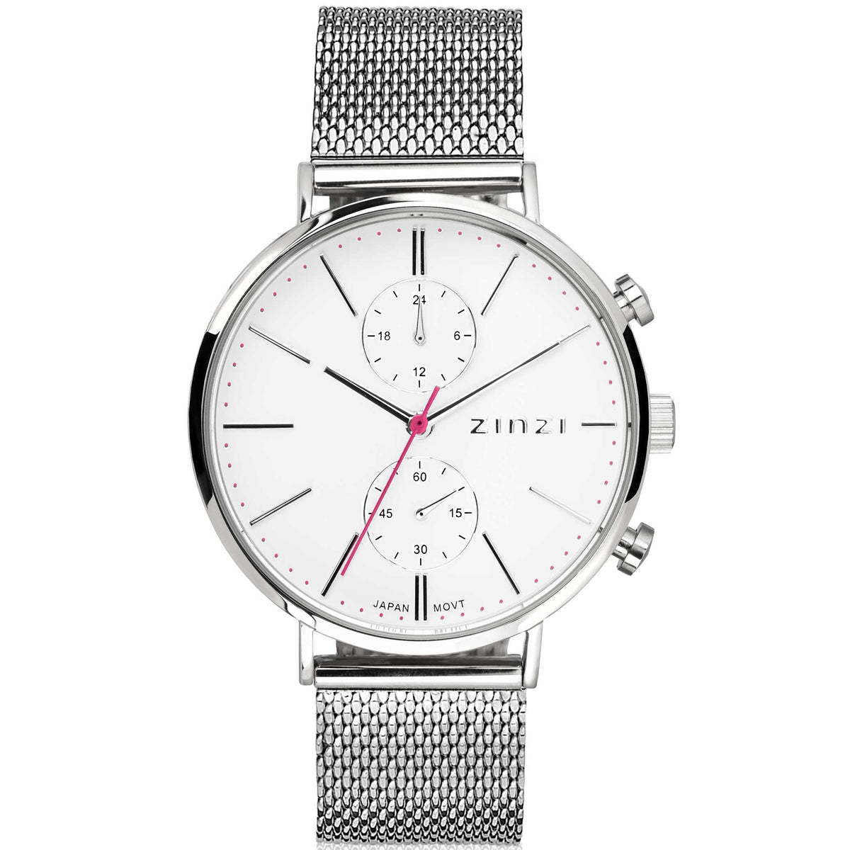 Orologio in acciaio argentato con quadrante bianco, dettagli rossi e cinturino a maglia.