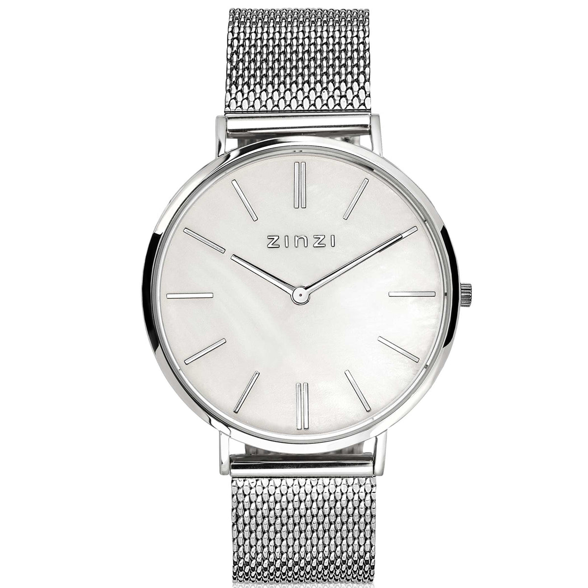 Orologio in acciaio argentato con quadrante bianco madreperla e cinturino a maglia rolò.