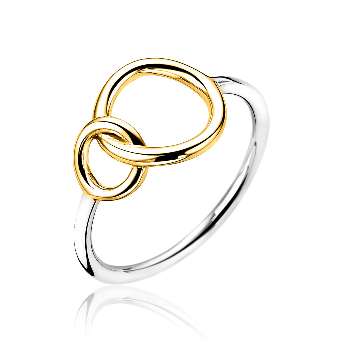 Anello placcato oro con due anelli intrecciati, uno dorato e uno argentato.