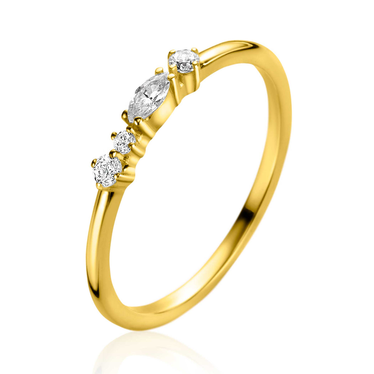 Anello in oro con tre pietre preziose, di cui una centrale a forma di goccia e due rotonde.