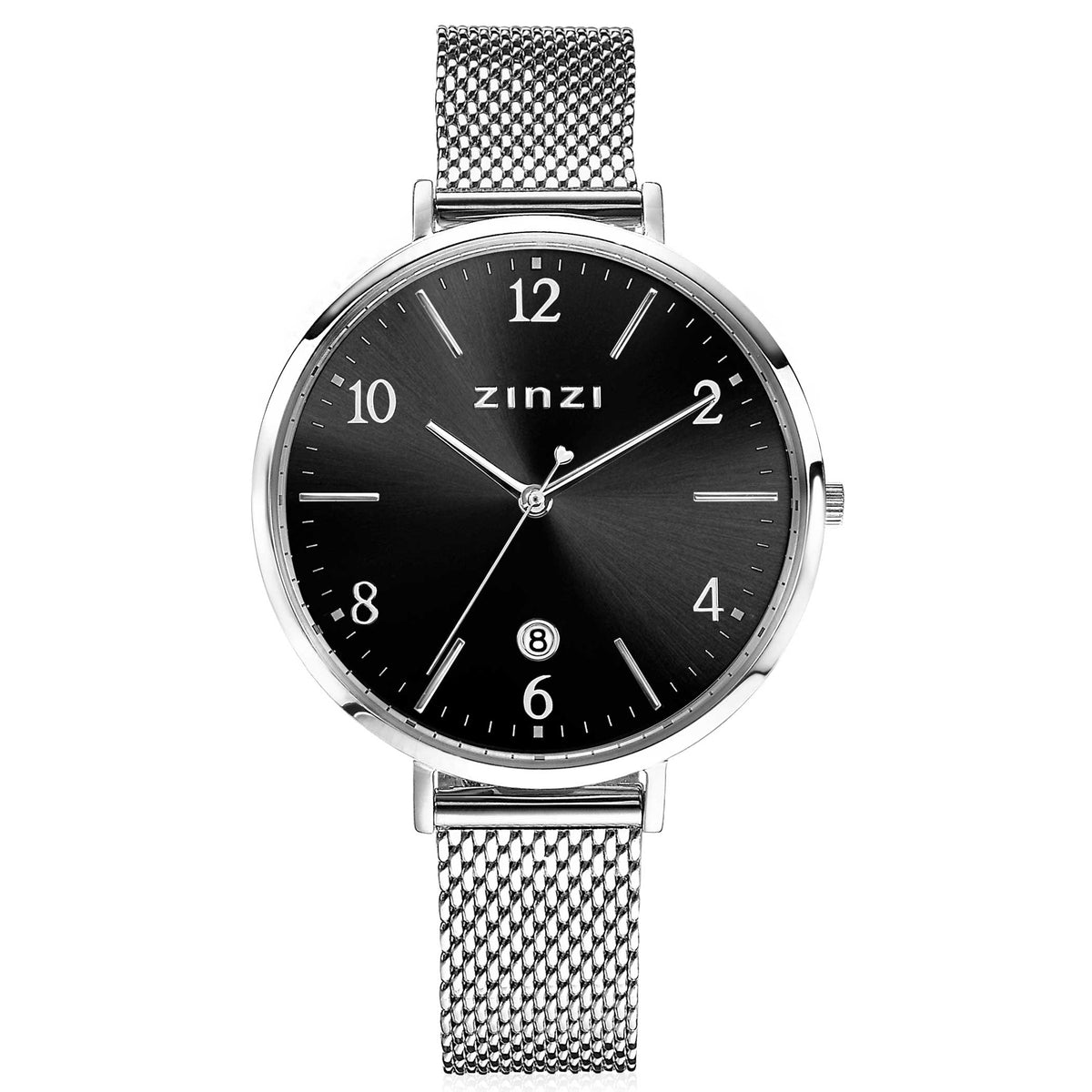 Orologio in acciaio argentato con quadrante nero e cinturino in maglia rolò.