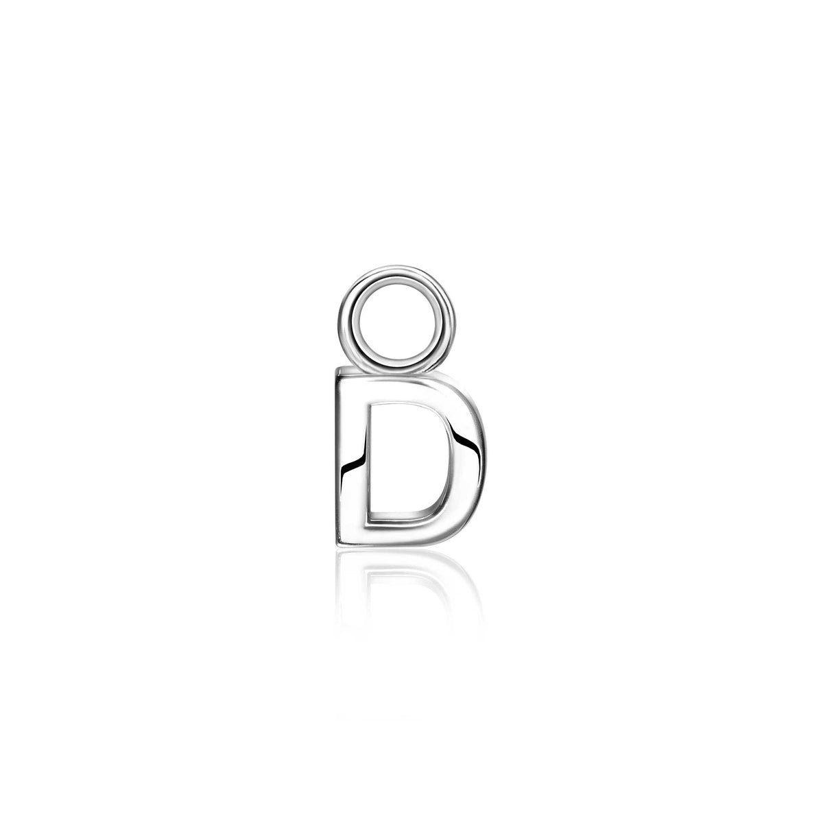 Orecchino in argento con forma di lettera "D" e anello superiore.