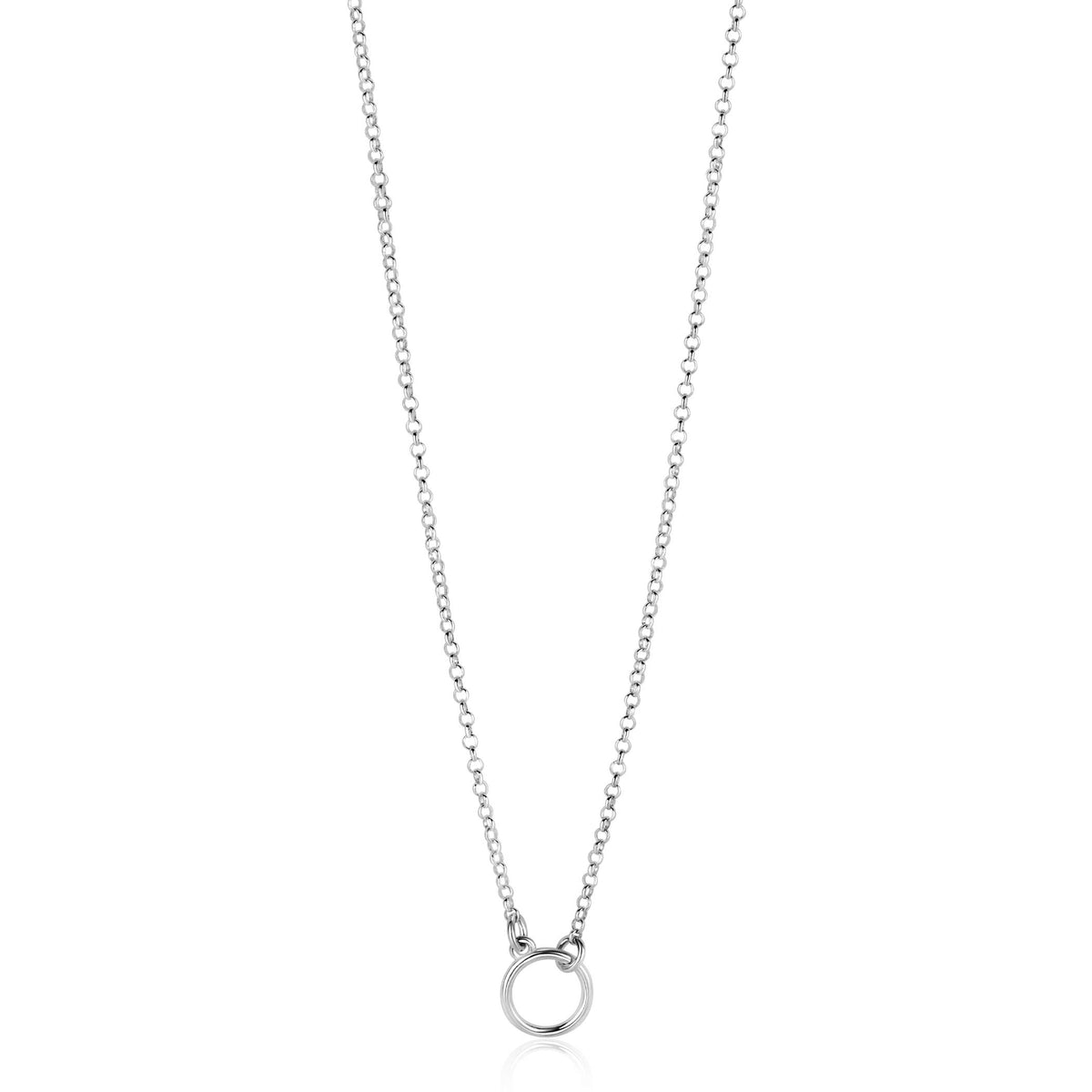 Collana in argento con pendente circolare e maglia rolò.