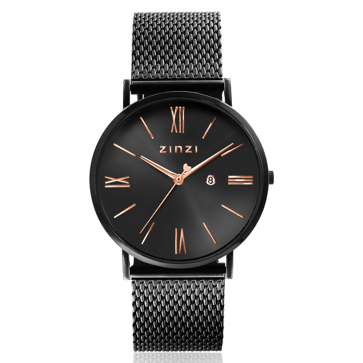 Orologio nero in acciaio con quadrante scuro e dettagli rosa, cinturino in maglia metallica.