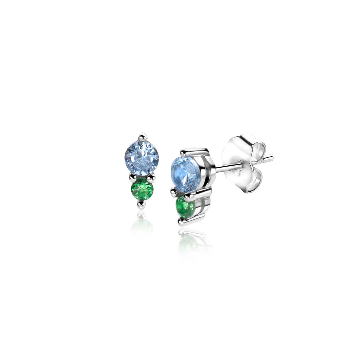 Orecchini in argento con pietre azzurre e verdi, design a tre elementi.