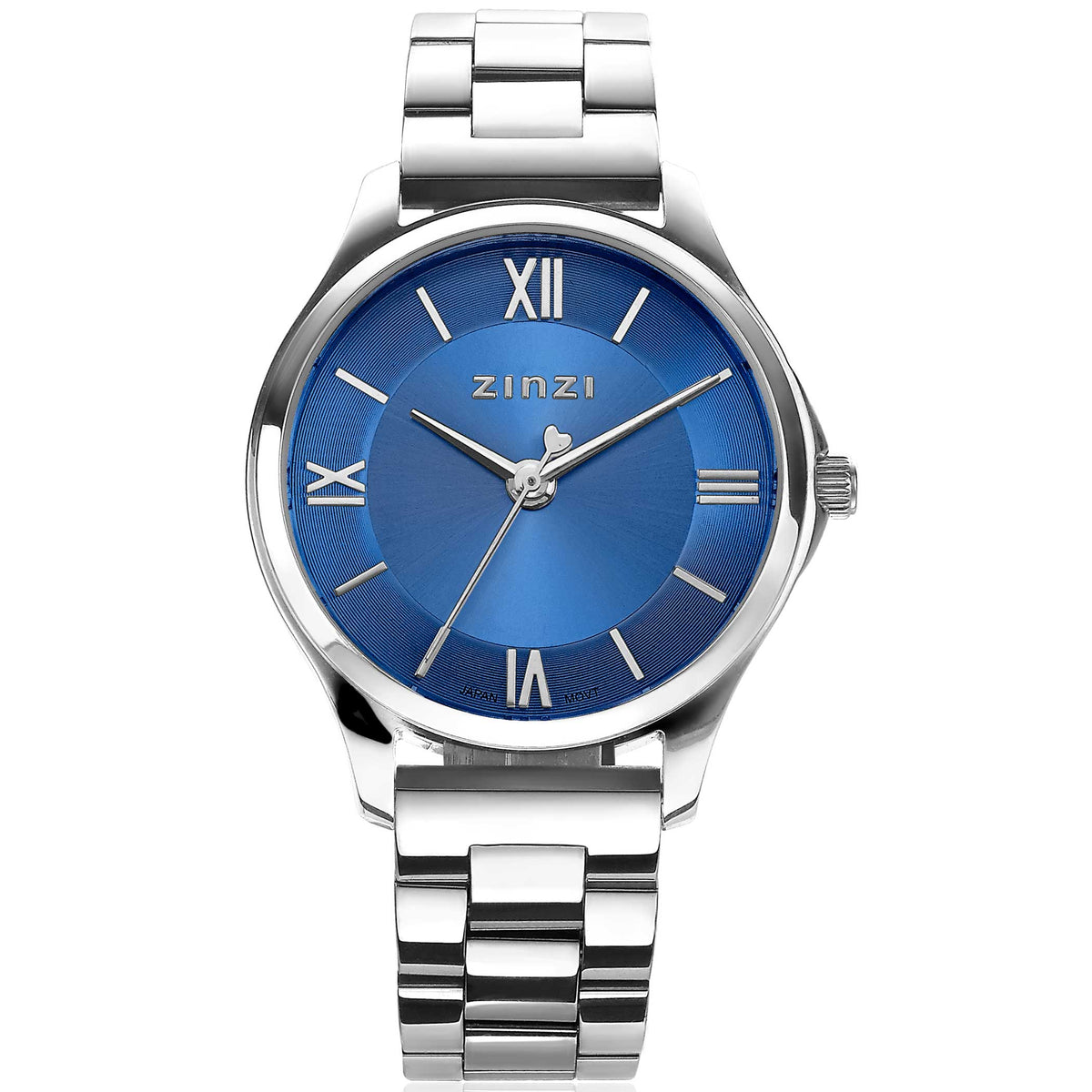 Orologio in acciaio argentato con quadrante blu e numeri romani.