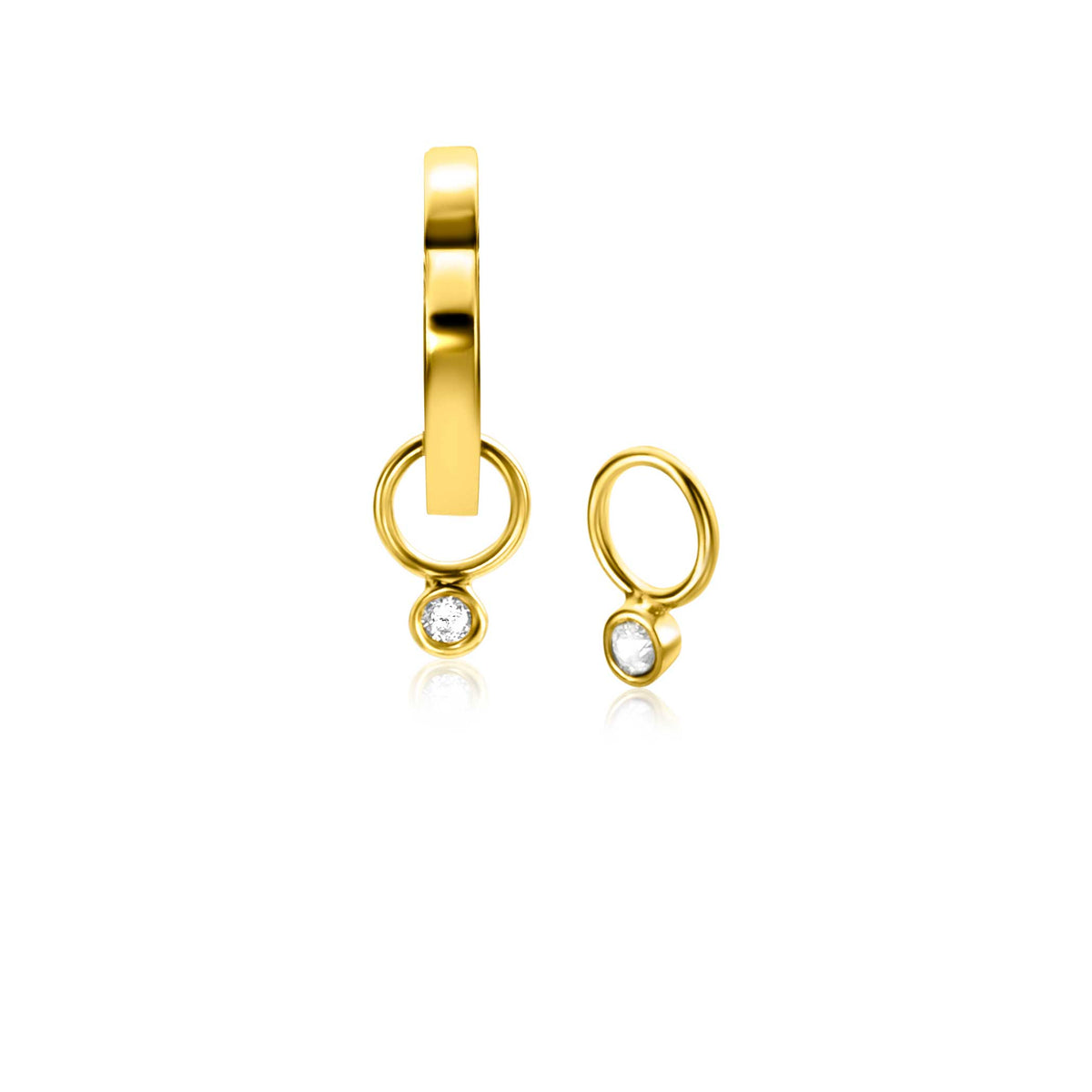 Orecchini in oro con pendente circolare e pietra brillante.