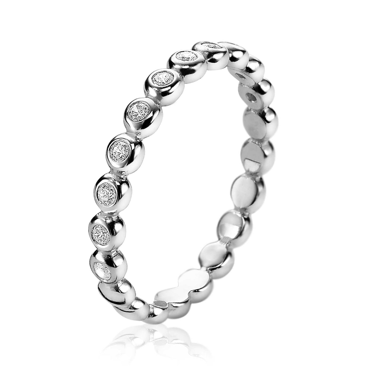anello in argento con dettagli in zirconia, forma circolare e design a maglia.