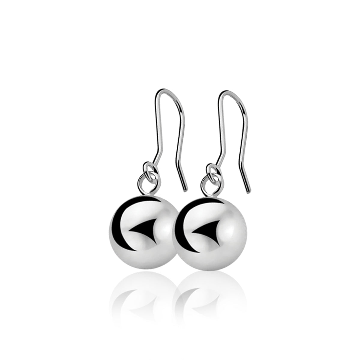 Orecchini in argento con sfere lucide e dettagli a forma di V.