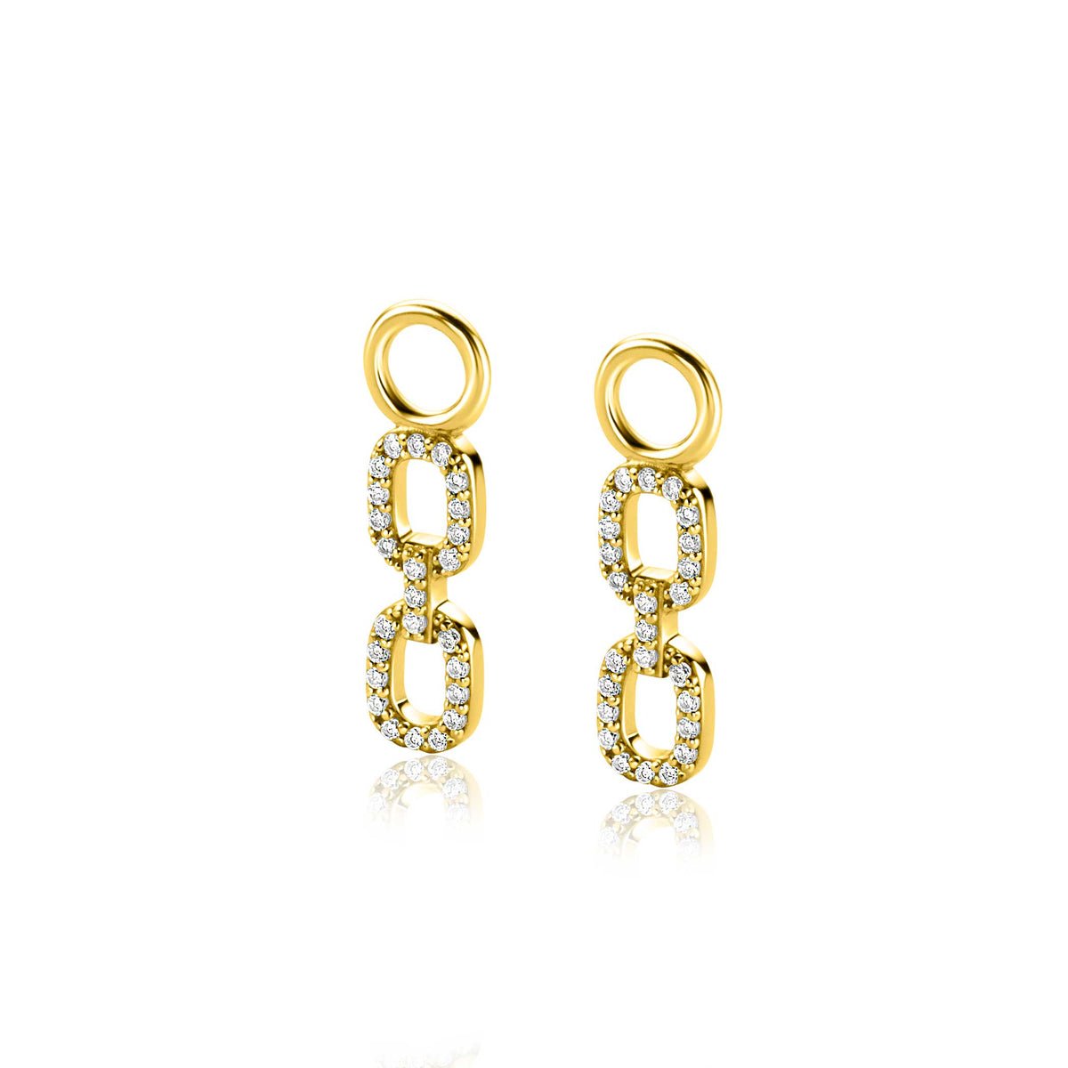 Orecchini in oro con due maglie rettangolari decorate con zirconi.