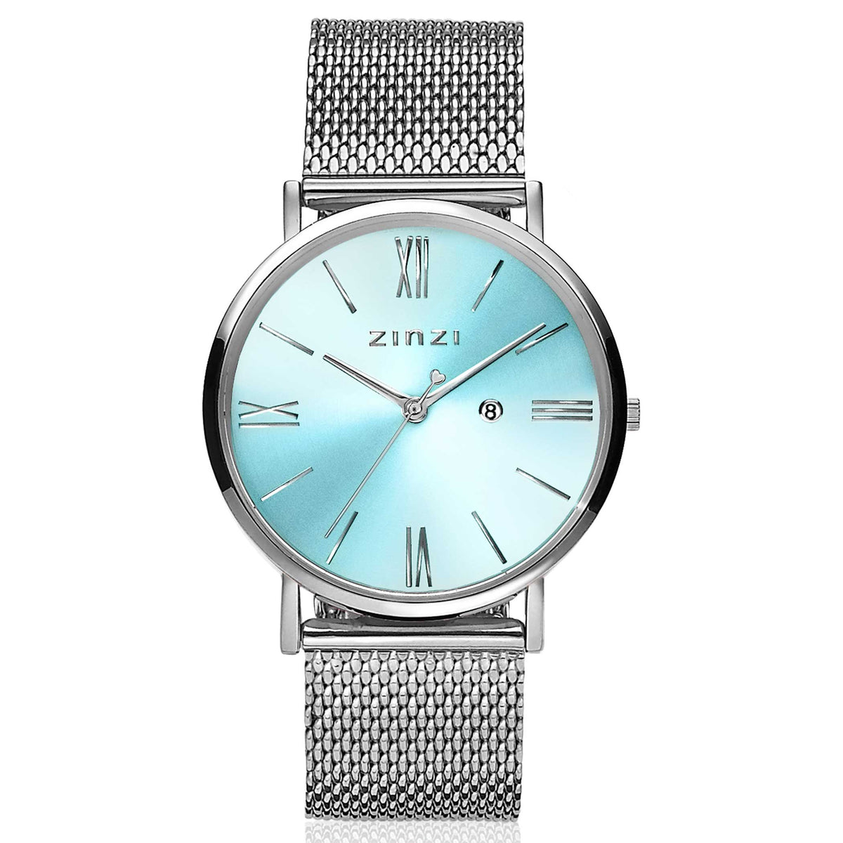 Orologio in acciaio color argento con quadrante azzurro e cinturino a maglia.