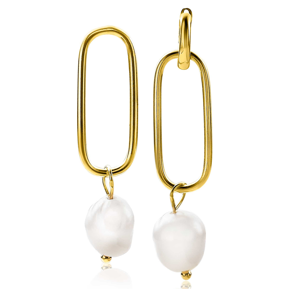 Orecchini in oro con forma ovale e perla bianca pendente.