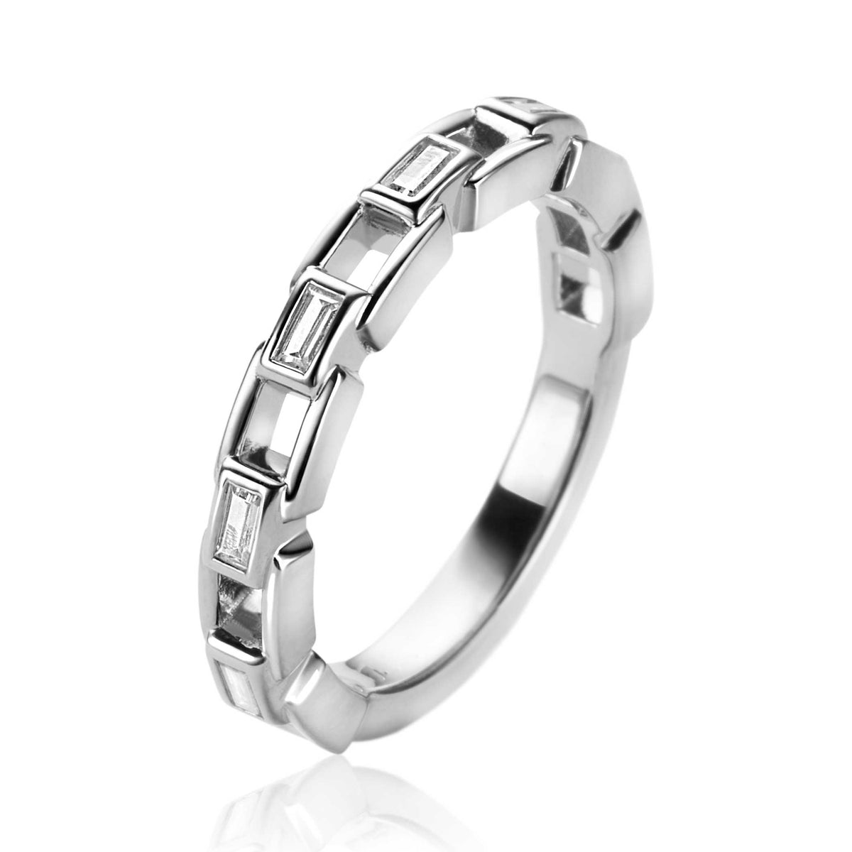 Anello in argento con dettagli geometrici e pietre rettangolari incastonate.