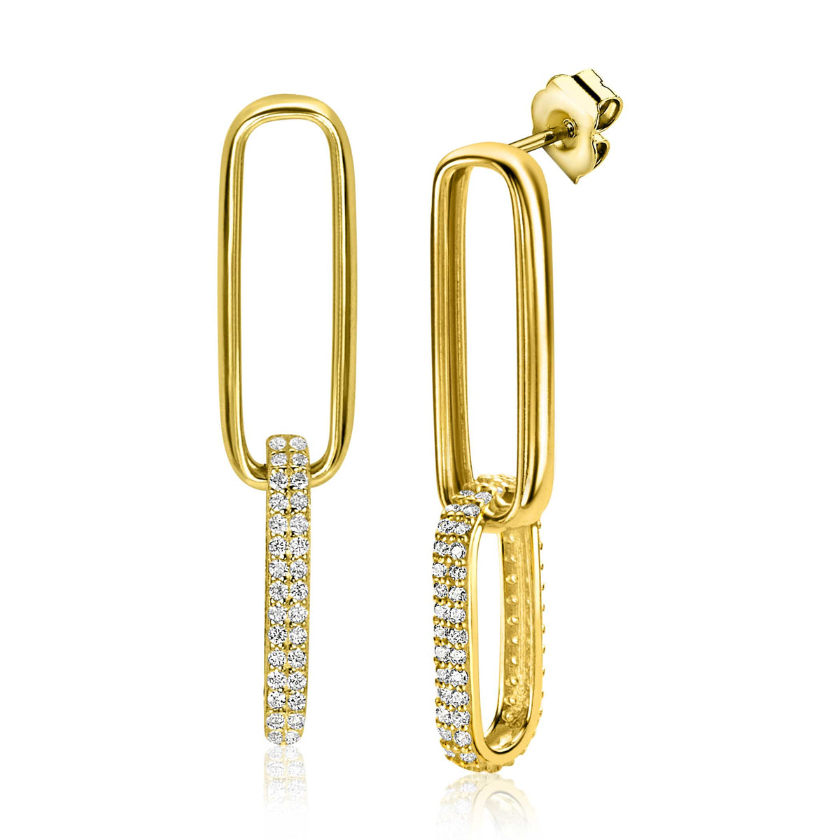 Orecchini placcati oro con forma rettangolare, decorati con zirconi.