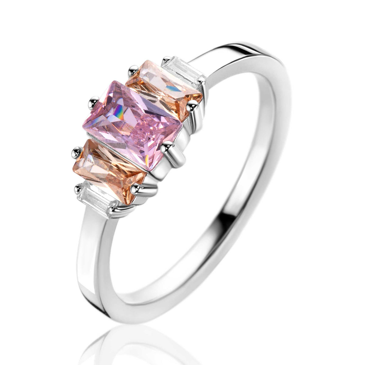 Anello in argento con tre pietre preziose, due rosa e una trasparente, montatura semplice.
