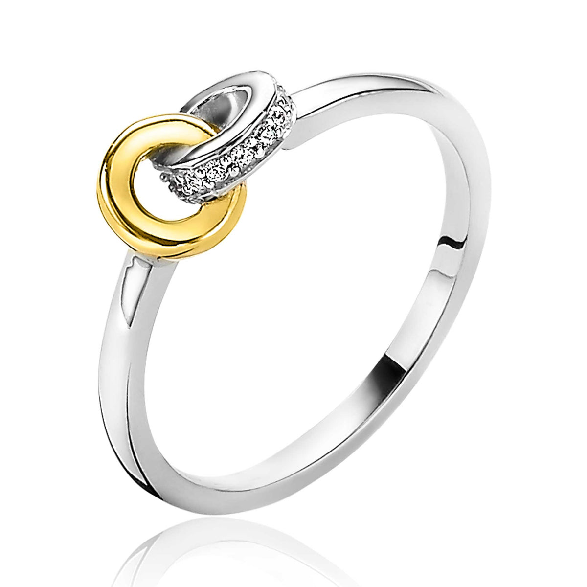 Anello placcato oro con due cerchi, uno dorato e uno argentato, decorato con zirconi.