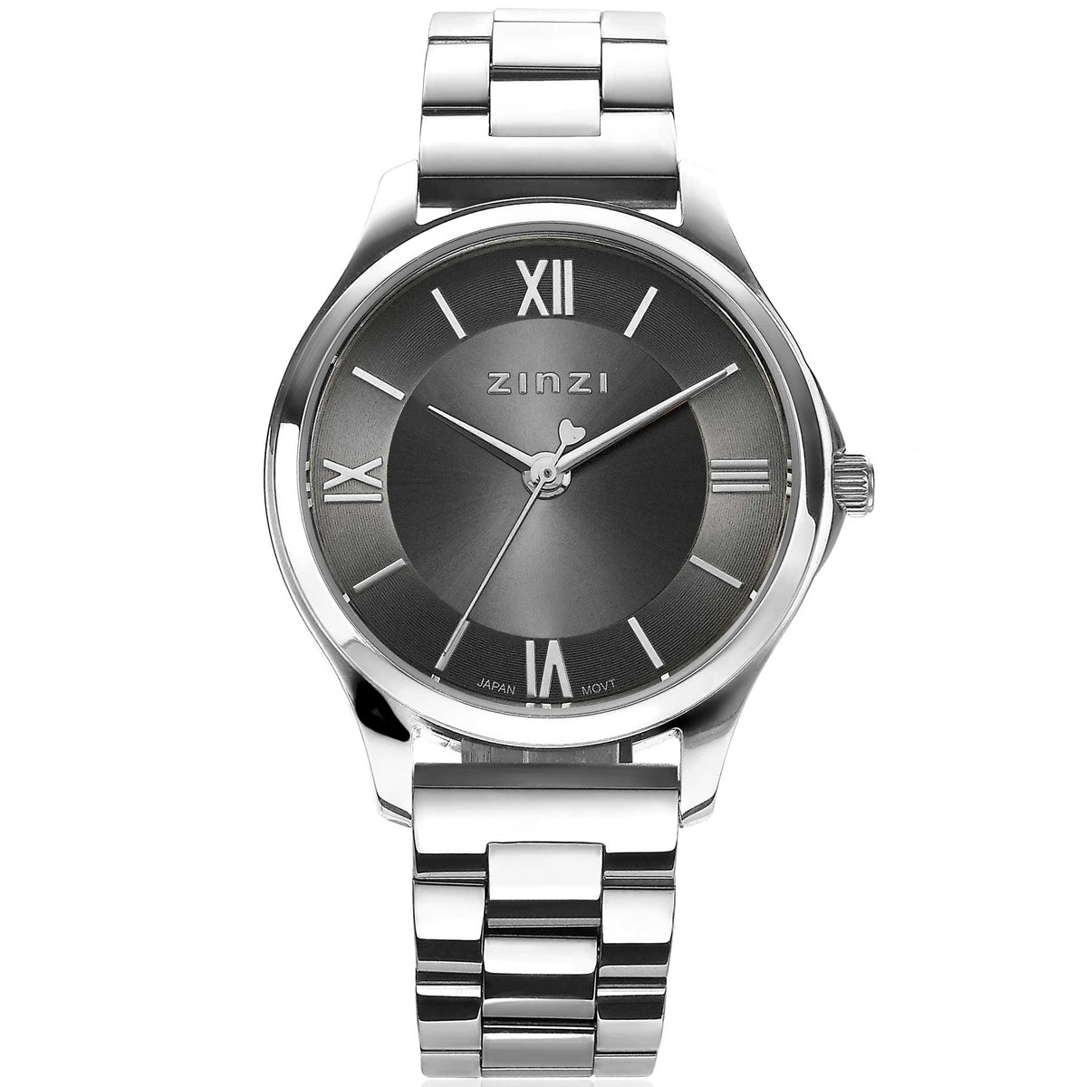 Orologio in acciaio argentato con quadrante grigio e numeri romani.