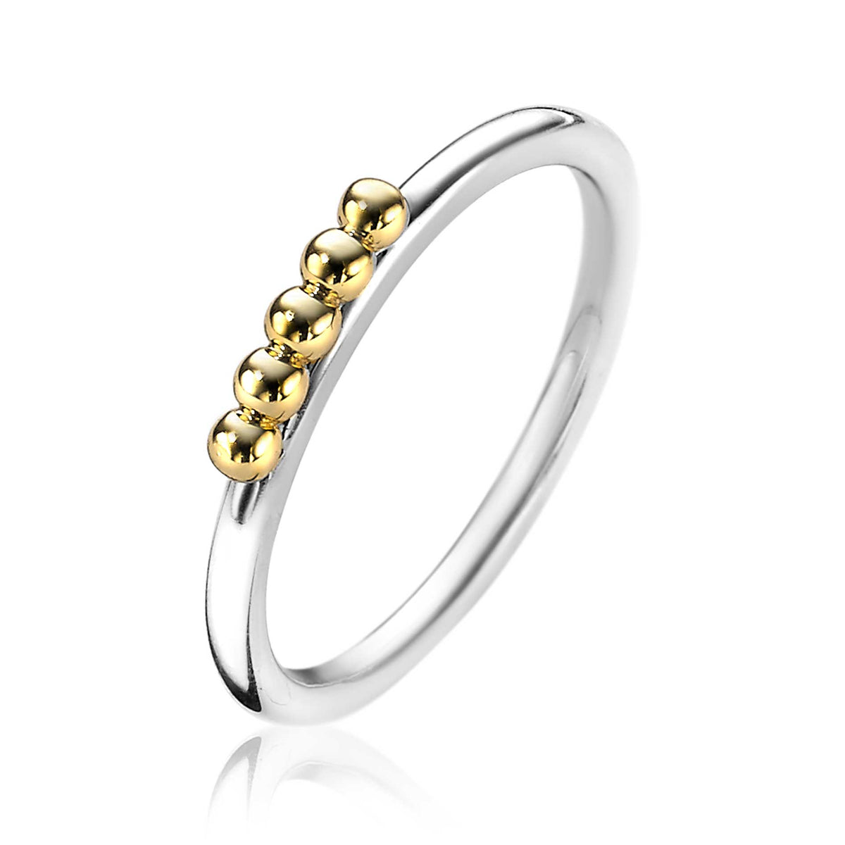 Anello placcato oro con cinque sfere in rilievo su una fascia sottile argentata.