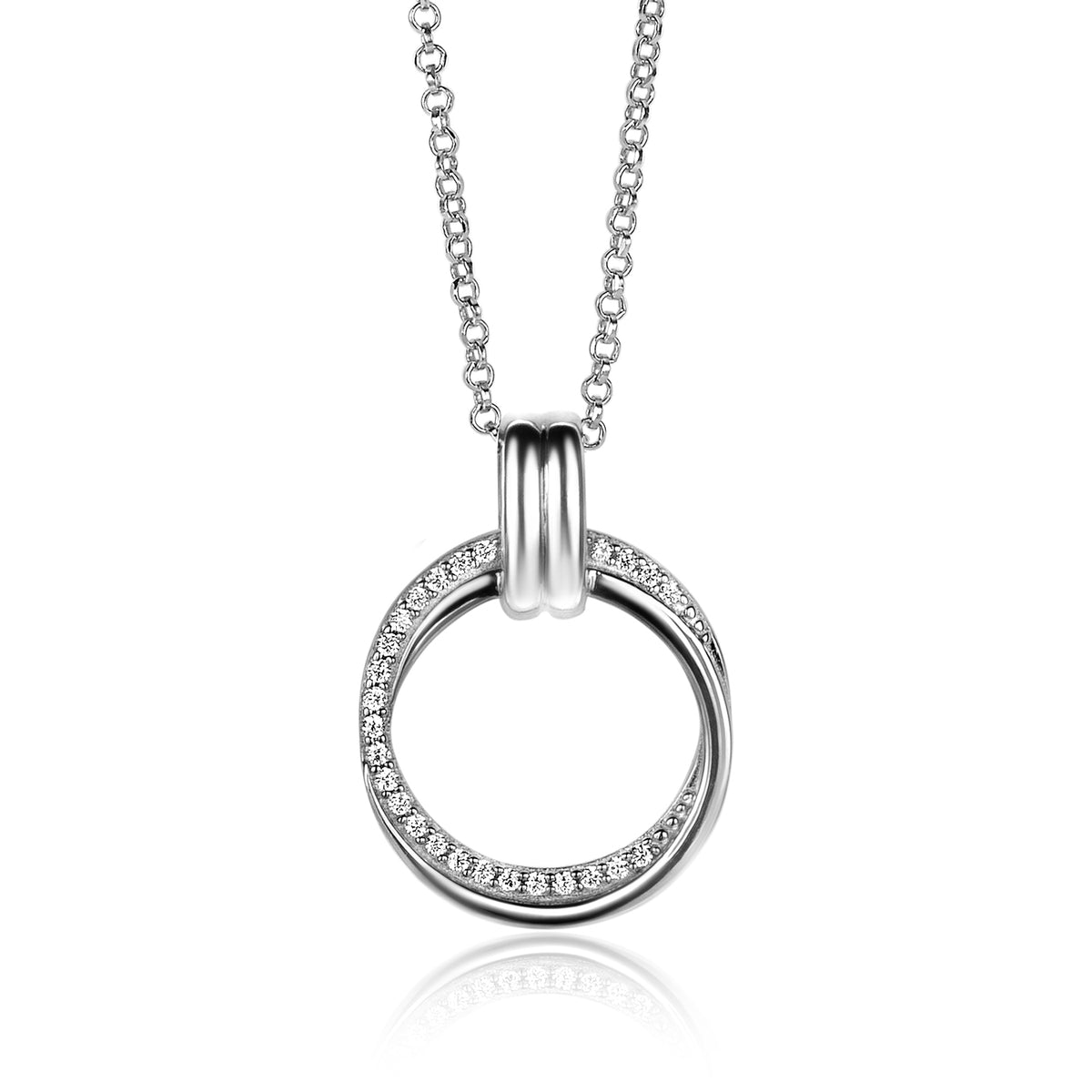 Collana in argento con ciondolo circolare decorato con zirconi.