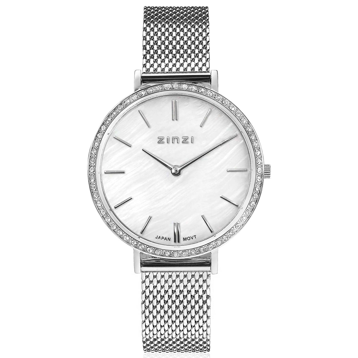 Orologio in acciaio argentato con quadrante bianco e cristalli, cinturino a maglia rolò.