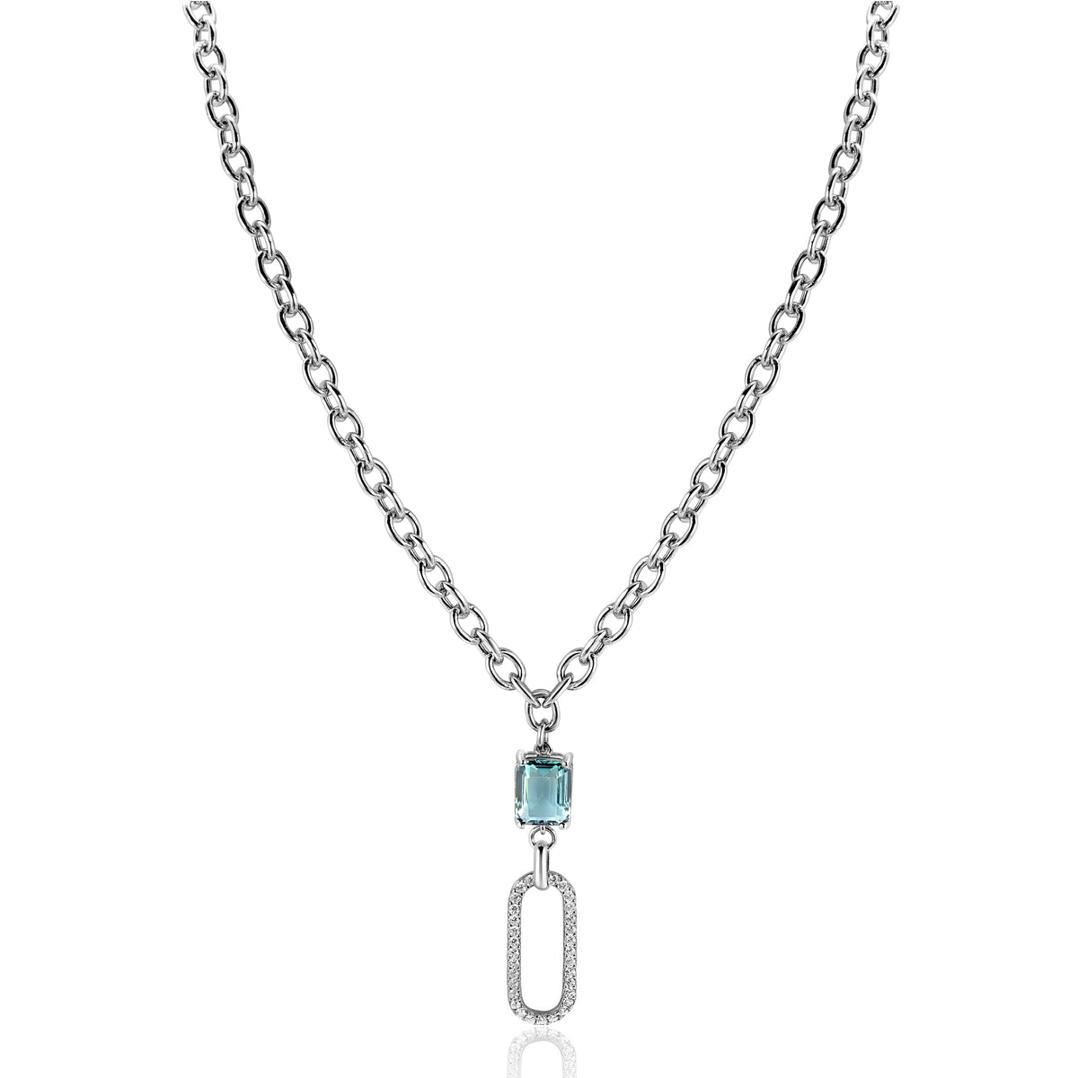 Collana in argento con ciondolo rettangolare e pietra azzurra.