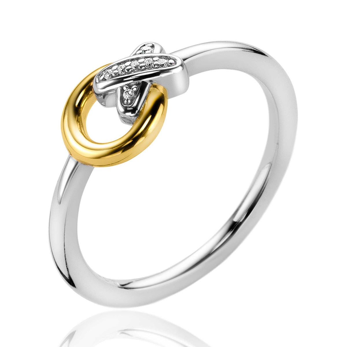 Anello in argento con dettagli dorati e zirconi, design intrecciato.