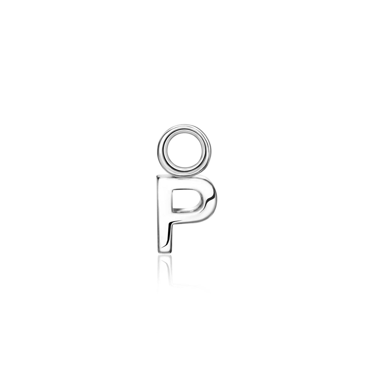 Orecchino in argento con forma di lettera "P" e anello superiore.