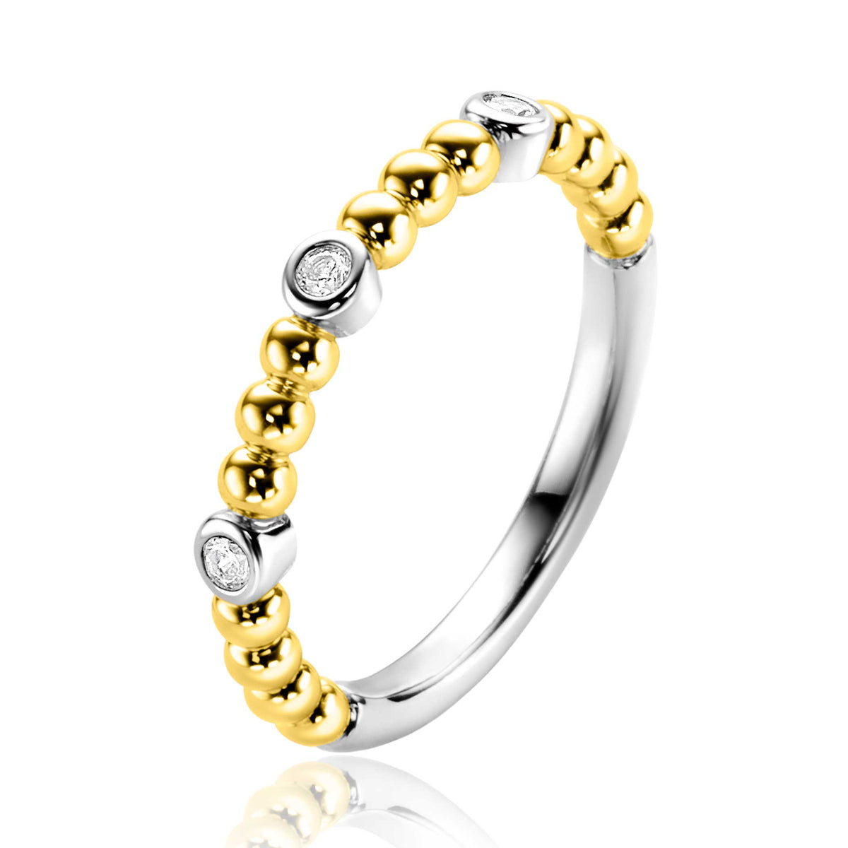 Anello placcato oro con sfere dorate e dettagli argentati, impreziosito da pietre brillanti.