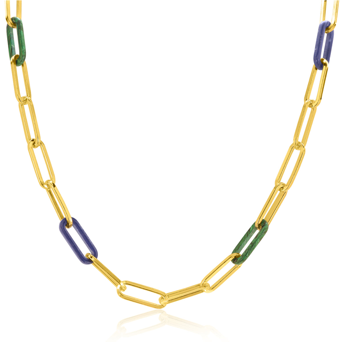 Collana placcata oro con maglie rettangolari dorate e dettagli in verde e blu.
