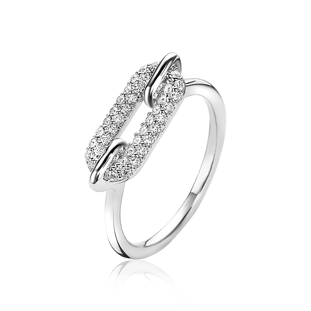 Anello in argento con dettagli in zirconia, forma ovale e design a catena.