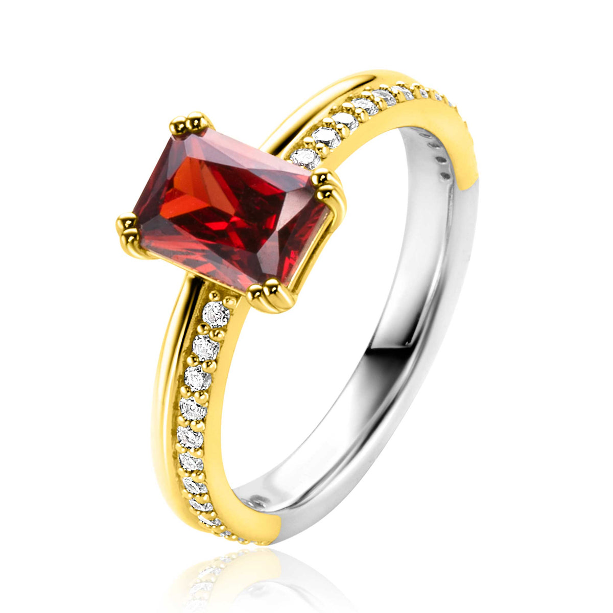 Anello placcato oro con pietra rossa quadrata e dettagli in zirconia.