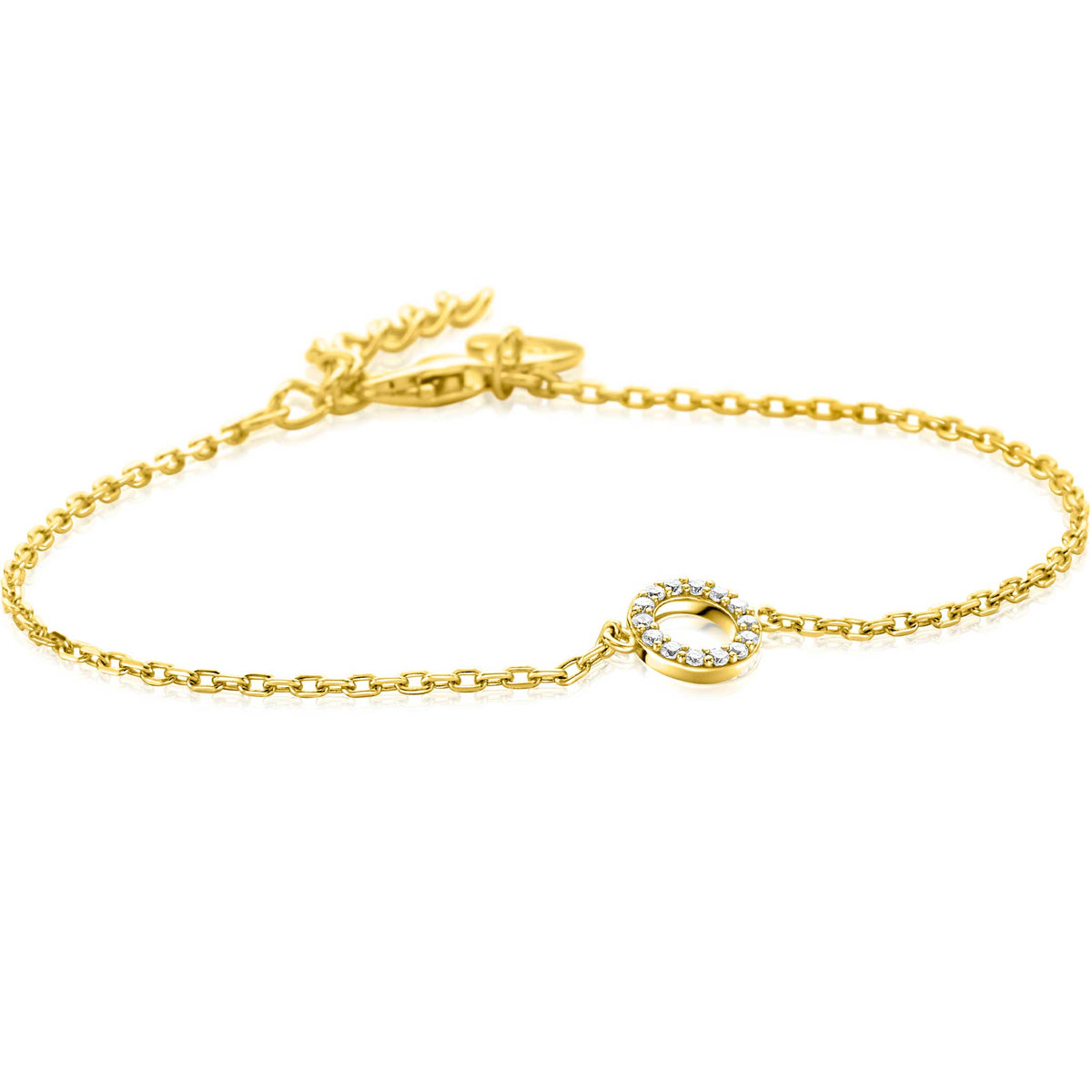 Bracciale placcato oro con ciondolo rotondo e pietra trasparente.