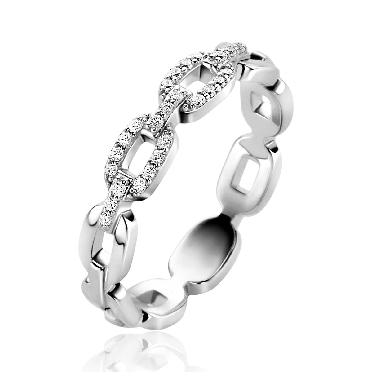 Anello in argento con dettagli luminosi e forma a catena.