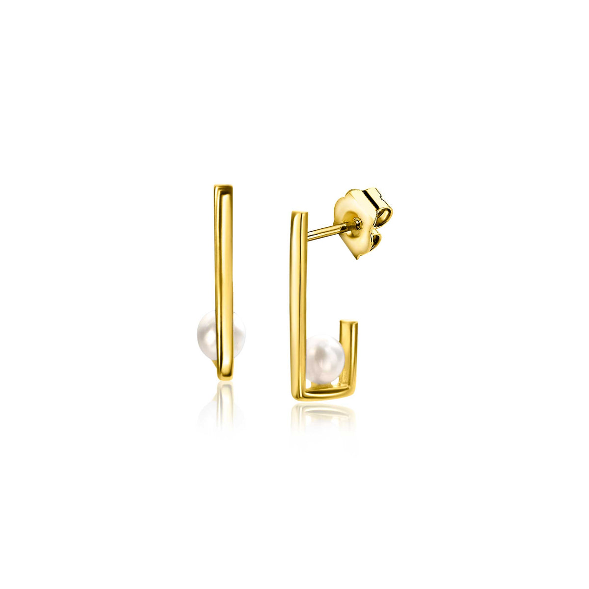 Orecchini in oro con perla, design geometrico a forma di barra.