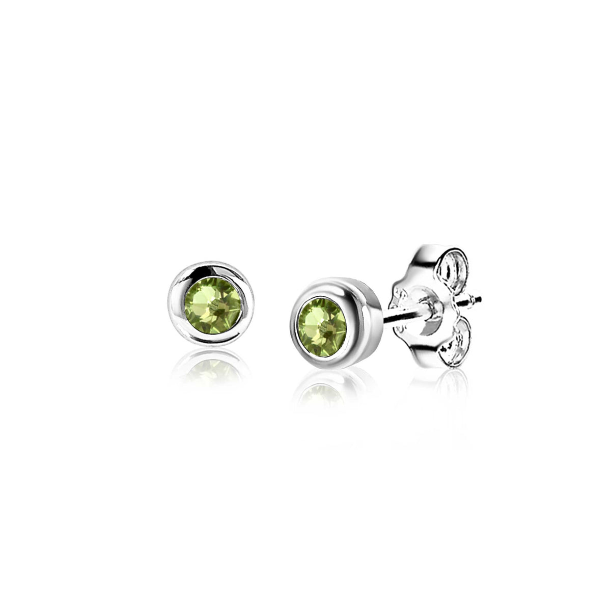 Orecchini in argento con pietra verde peridoto, forma rotonda e finitura lucida.